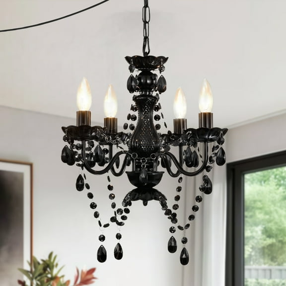 Plug in Crystal Chandelier 4-Light Black Small Chandelier Ceiling Light Fixture with 20ft cord for Bedroom
