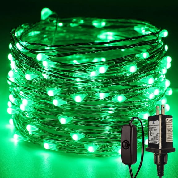 Plug in Fairy Lights with Switch, Silver Wire 33 Ft 100 LED, Green