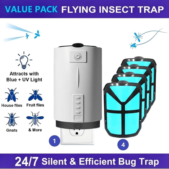 Plug-in Indoor Insect Catcher & Replacement Lure Refills, Flying Insect Trap, Fruit Fly & Fly Catcher with Blue & UV Light, 24/7 Silent Operation for Home Bedrooms Kitchens