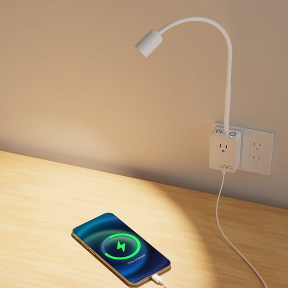 Plug In LED Book Reading Spot Light, White Dimmable Wall Sconce Lamp with Power Plug and Outlet Extender for Kitchen Bedroom Living Room, 3 Lighting Colors, USB Output Charging Ports