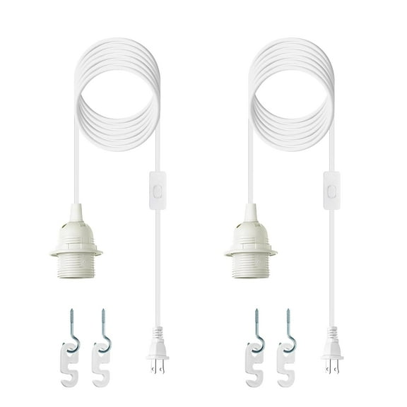 Plug in Light Socket - 16Ft Pendant Light Cord Kit E26/E27 Light Socket Hanging Lantern Lamp Cord with On/Off Switch,Socket Rings, 2 Pack, White