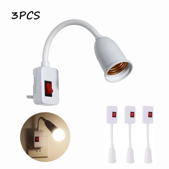 Plug-in Light Socket Adapter 3-Pack – US Plug E27 Lamp Socket Extender with On/Off Switch – Easy Installation White Wall Outlet Light Adapter for Garage, Workshop, Closet & Basement