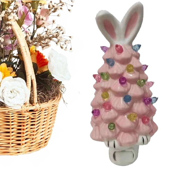 Plug-in Night Light | LED Happy Easter Bunny Tree Lamp for Bedroom, Bathroom, Kitchen & Living Room Decorative Easter Lighting(Pink)
