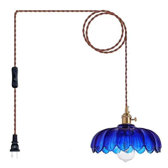 Plug in Pendant Light: 14.8ft Swag Cord with Rotating Switch, Blue Glass Hanging Lamp Fixture for Kitchen Island & Ceiling Hanging Lights