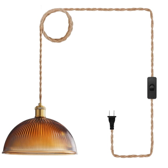 Plug in Pendant Light: Amber Hanging Lamp Plug in Pendant Lamp, Glass Pendant Lighting for Kitchen Island, Bedroom, Dining Room, Living Room, No Bulb