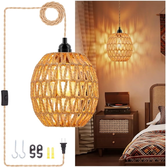 Plug in Pendant Light - Boho Rattan Hanging Lamp with 15ft Hemp Rope Cord