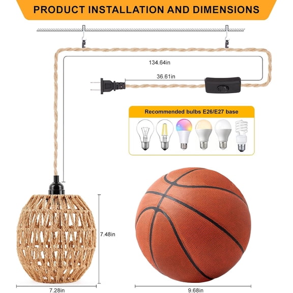 Plug in Pendant Light - Boho Rattan Hanging Lamp with 15ft Hemp Rope Cord