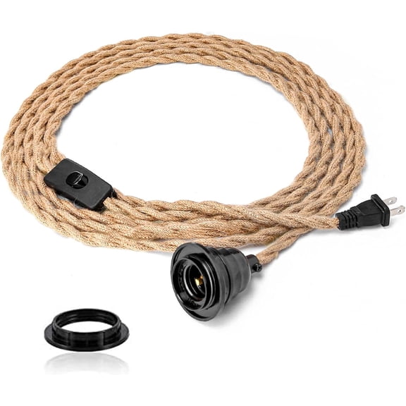 Plug in Pendant Light Cord - 15FT Industrial Hanging Kit, Lights with With Hemp Rope, Kit On/Off Switch,E26 E27 Socket, Bulb NOT Included