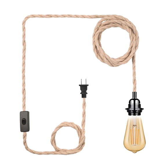 Plug in Pendant Light Cord, Industrial Hanging Kit with 15FT Hemp Rope, E26 E27 Socket for Lamp Kit, Cord On/Off Switch, Bulb Not Included