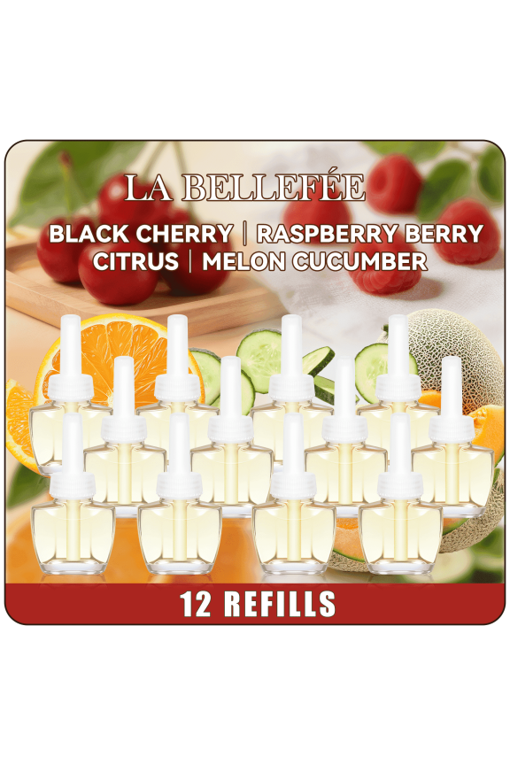 Plug-in Refills Air Freshener Refills, 12 Count, Black Cherry Raspberry Citrus Melon Cucumber Scents for Home, Compatible with Air Wick Glade