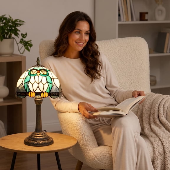 Plug-in Resin Owl Accent Table Lamp, Classic Whimsical Animal Figure Desk Night Light with Shade for Bedroom Living Room Side Table Decor