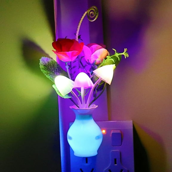 Plug-in Rose Flower LED Mushroom Night Light Lamp with Sensor 7 Color Change,Wall Based Flower Lamp for Kids Adults, Bedroom, Bathroom, Kitchen, Corridor, Stairs (1Pack,Rose Flower )