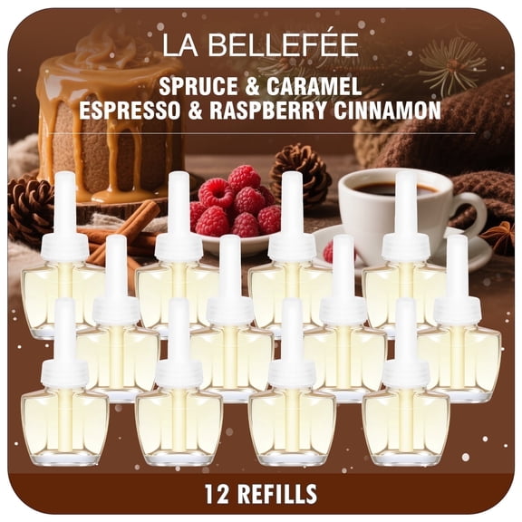 Air Freshener Refills for Plug Ins, 12 Count, Compatible with Air Wick & Glade, 4 Different Scents: Caramel, Espresso, Spruce, Raspberry Cinnamon