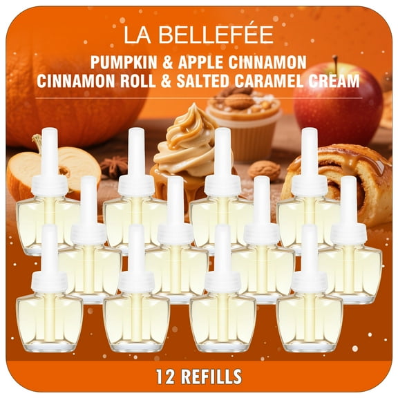 LA BELLEFÉE PlugIns Refill Scented Oil Refills - 12 Count for Electric Diffusers | Pumpkin, Apple Cinnamon, Cinnamon Roll & Salted Caramel Cream