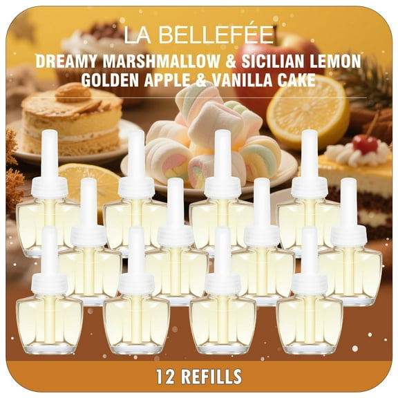 LA BELLEFÉE Sweet & Fresh Scented Oil Refills - 12 Pack for Electric Diffusers | Dreamy Marshmallow, Sicilian Lemon, Golden Apple & Vanilla Cake