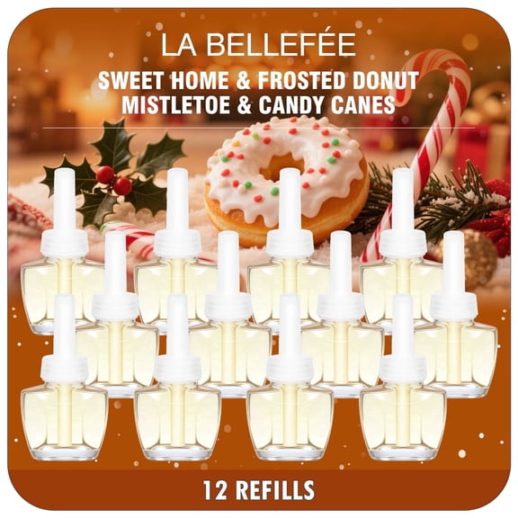 LA BELLEFÉE Holiday Home Scented Oil Refills - 12 Pack for Electric Diffusers | Sweet Home, Frosted Donut, Mistletoe, Candy Canes Scents