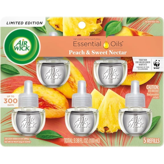 Plug in Scented Oil Refill, 5 Ct, Fresh Peach and Sweet Nectar, Air Freshener, Essential Oils, Spring Collection
