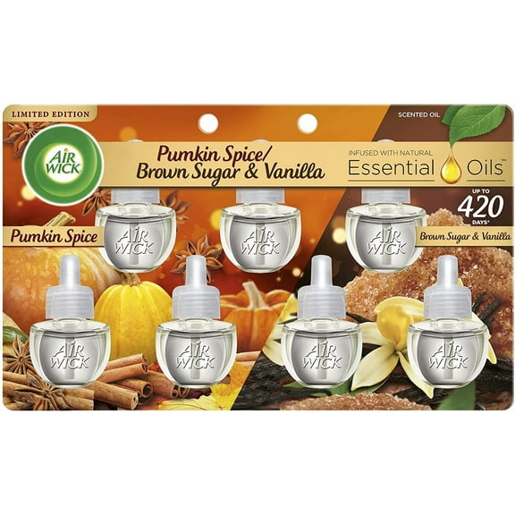 Plug in Scented Oil Refill, 7ct, Pumpkin + Brown Sugar Mixed Pack, Fall Scent, Essential Oils, Air Freshener