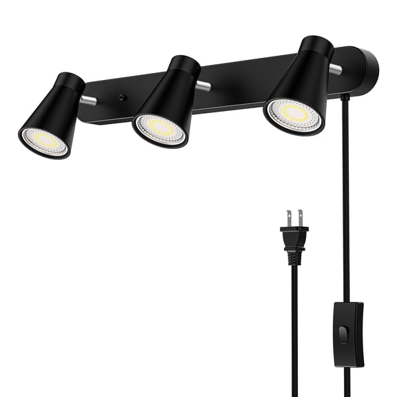 Plug-in Track Lighting Fixture - 3 Light Modern Ceiling Spotlight, Flexibly Rotatable Complete Light Kit for Kitchen Cabinet and Living Room (Bulbs Not Included) - Black