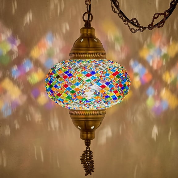 Plug-in Turkish Moroccan Mosaic Hanging Pendant Ceiling Light Swag Lamp Fixture with 15ft Cord & Chain, Handcrafted Glass, Vintage Tiffany Style, Mediterranean Exotic Decor