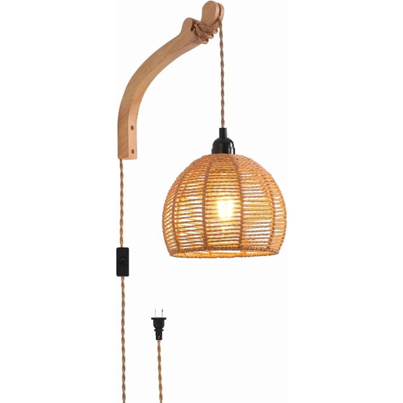 Plug in Wall Sconce,Farmhouse Wicker Wall Lamp Plug in,Hand Woven Rattan Wall Light Farmhouse Rustic Boho Sconces Wall Lighting for  Room