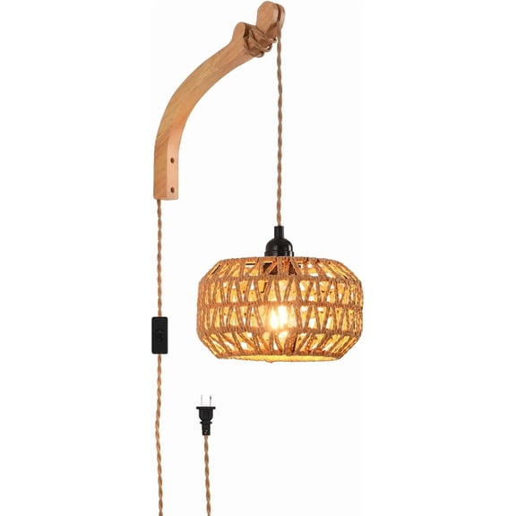 Plug in Wall Sconce,Farmhouse Wicker Wall Lamp Plug in,Hand Woven Rattan Wall Light Farmhouse Rustic Boho Sconces Wall Lighting for  Room