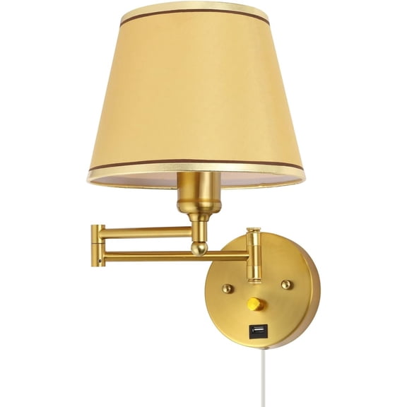 Plug-in Wall Sconce Swing Arm 1-Light Wall Mount Lamp with USB Port Wall Sconce Lighting with Dimmable Off Fabric Shade Brass Wall Lamp Light Fixture