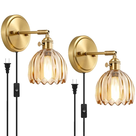 Plug-in Wall Sconces with Amber Tulip Glass Shade, Brushed Gold (2 Count), Bedroom Wall Sconce with Switch and Plug in wall lamp Cord Gold Wall Light Wall Decor Set of 2
