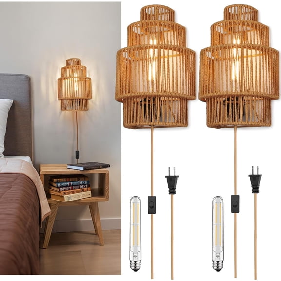Plug-in Wall Sconces Set of 2, Handwoven Bohemian Wall Decor with Switch and Bulb, Wall Lights Fixtures for Bedroom Living Room Hallway Porch