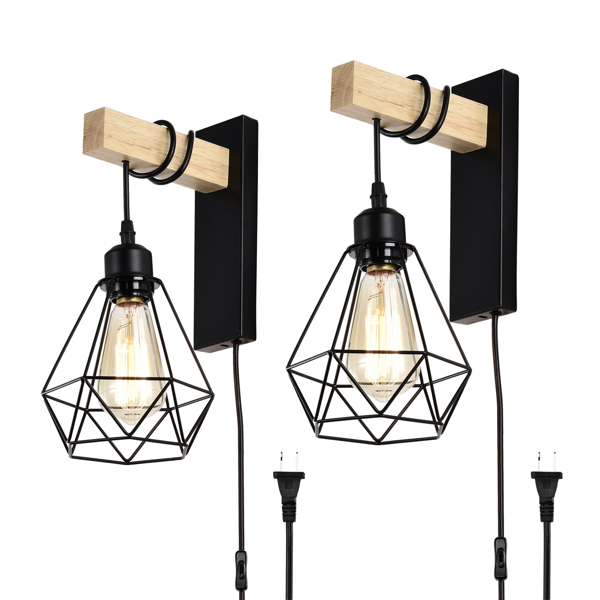 Plug in Wall Sconces Set of 2 with 6 FT On/Off Switch Cord, Wall Light Fixtures Black Industrial Farmhouse Indoor Wall Latern For Bedroom Living Room