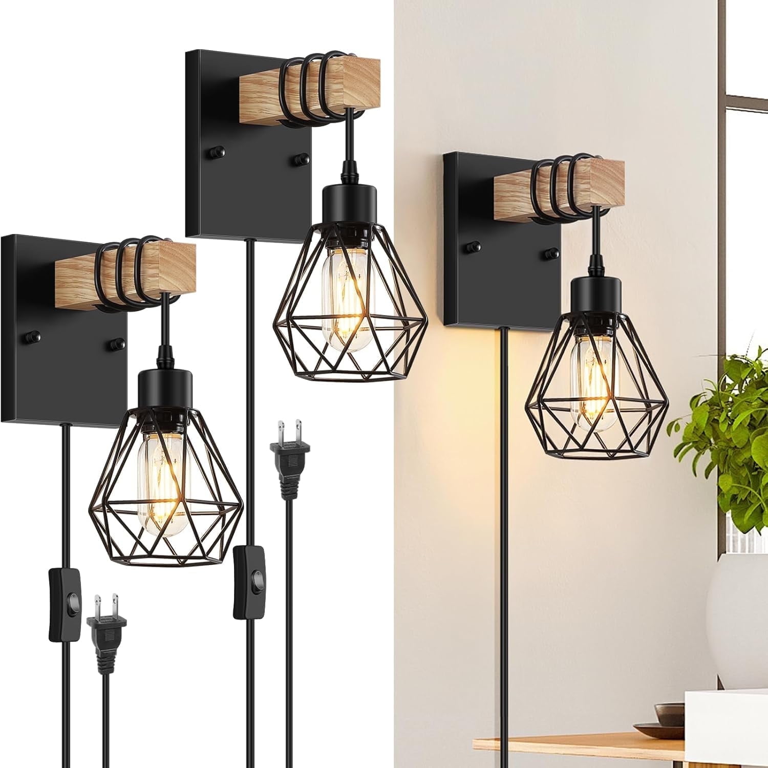 Plug in Wall Sconces Set of 2 Wood Light Fixtures Industrial Farmhouse Wall Lamps with 5.25FT on/off Switch Cord for Bedroom Living Room