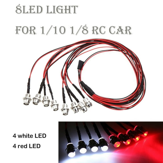 Plug-n-Play LED Light Kit for 1/10 & 1/8 RC Cars - 8pcs White/Red Headlight & Taillight Set w/ 70cm Wires (Receiver Powered) As shown