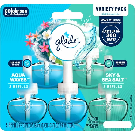 PlugIns Refills Air Freshener, Aqua Waves and Sky & Sea Salt, Scented Essential Oils for Home Bathroom, 0.67 Fl Oz, 5 Count