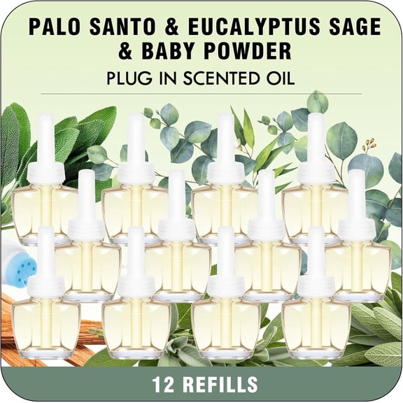 PlugIns Refills Air Freshener - Palo Santo Eucalyptus & Sage,Baby Powder Scent -12 Count, Compatible with Air Wick & Glade Not Include Glade Plus
