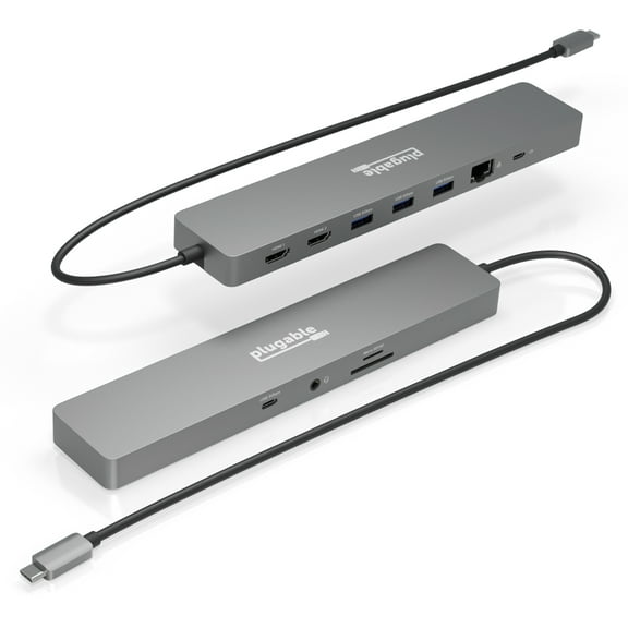 Plugable 11-in-1 USB-C Dual Display Laptop Docking Station, Retail Packaging, with Gigabit Ethernet