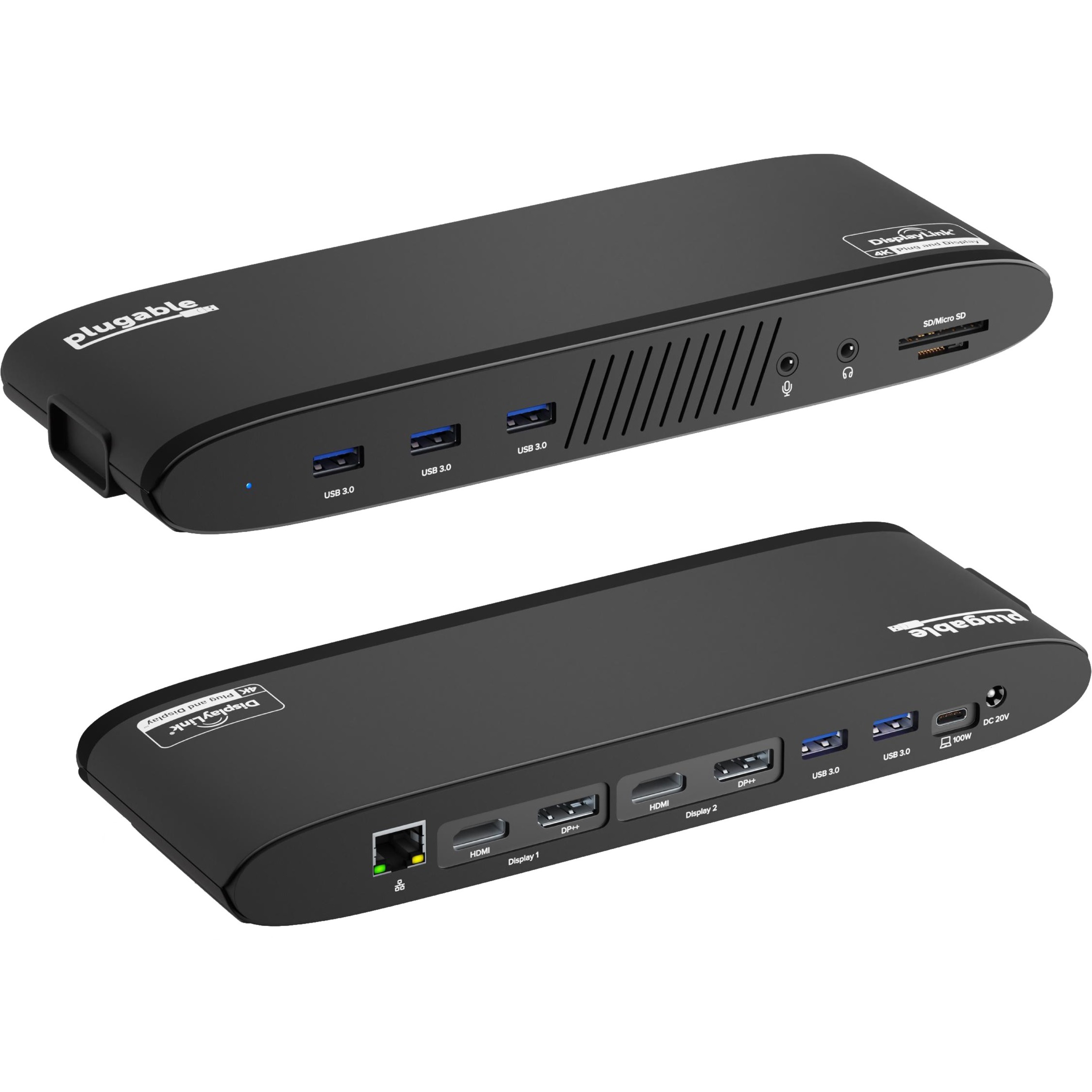 Plugable 13-in-1 USB C Docking Station Dual Monitor, 100W Charging, Dual 4K Displays 2x HDMI or 2x DisplayPort, Compatible with Mac, Windows, Thunderbolt 3 / 4, USB-C (5x USB, Ethernet, SD Card Reader - image 1 of 6