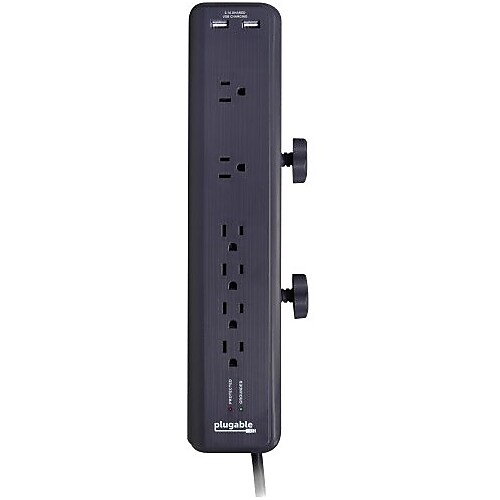 Plugable 6 AC Outlet Surge Protector with Clamp Mount for Workbench or Desk. Built-In 10.5W 2-Port USB Power for Android, Apple iOS, and Windows Mobile Devices - image 1 of 2