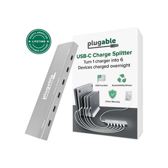 Plugable 6 Port USB C Charging Station, Up to 100W Charger for Multiple Devices with Priority Charging