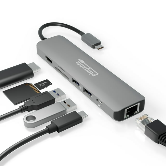Plugable 7-in-1 USB C Docking Station with Ethernet - Driverless Compatibility with Mac, Windows, Chromebook, Dell XPS and Thunderbolt (100W Charging, Gigabit Ethernet, 4K HDMI, 2x USB, SD/microSD)