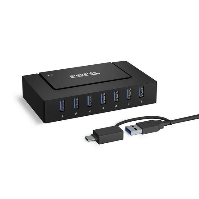 Plugable 7-in-1 USB Powered Hub for Laptops with USB-C or USB 3.0 - USB Power Station for Multiple Devices and USB Data Transfer with a 60W Power Adapter