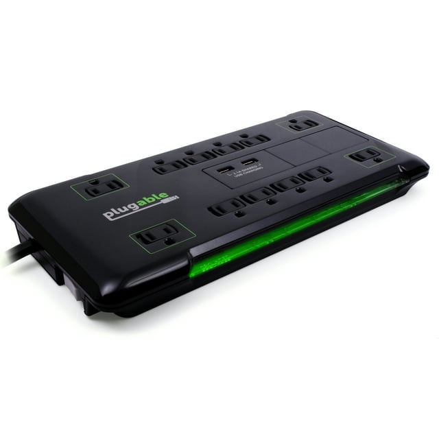 Plugable Surge Protector Power Strip with USB and 12 AC Outlets, Built-in 10.5W 2-Port USB Charger for Android, Apple iOS, and Windows Mobile Devices, 25 Foot Extension Cord