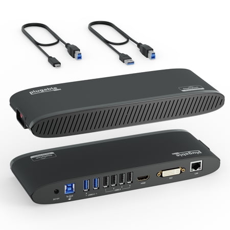 Plugable USB 3.0 Universal Laptop Docking Station for Windows and Mac (Dual Monitor: HDMI and DVI/HDMI/VGA, Gigabit Ethernet, Audio, 6 USB Ports) - Horizontal