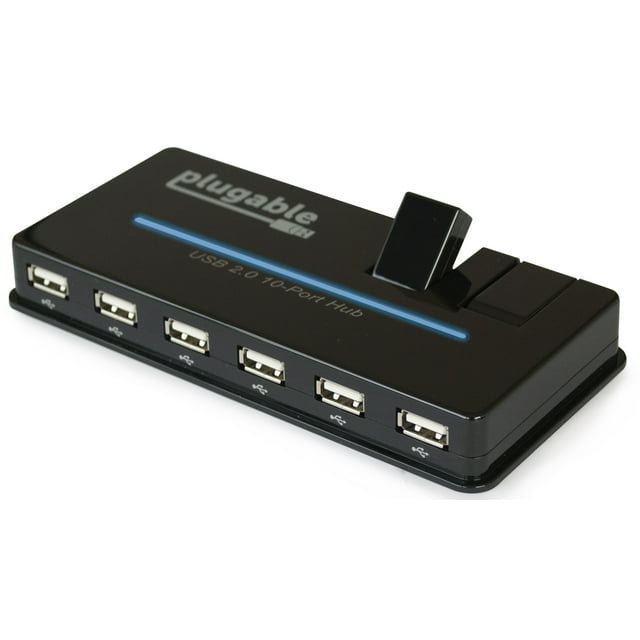 Plugable USB Hub, 10 Port - USB 2.0 with 20W Power Adapter and Two Flip-Up Ports