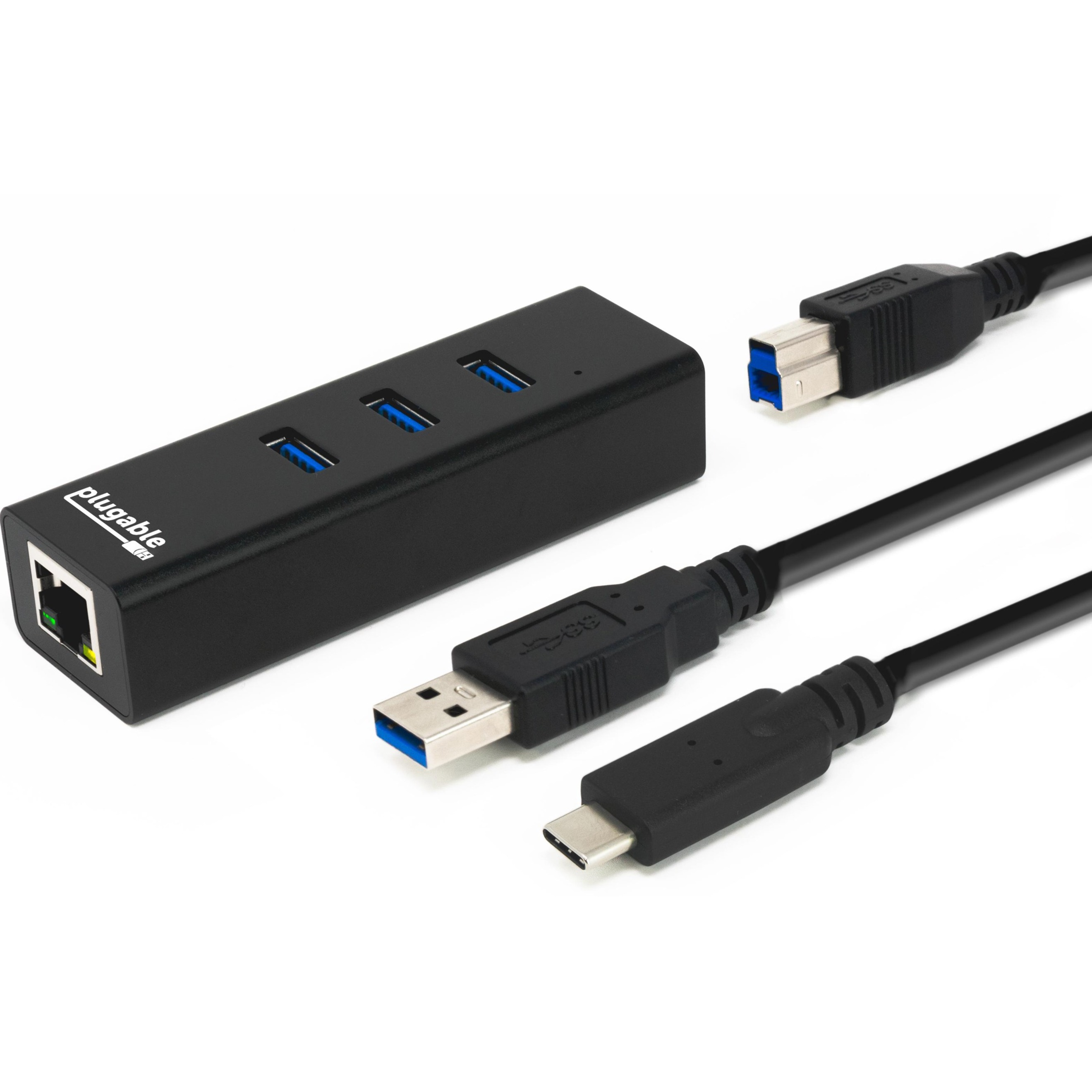 Plugable USB Hub with Ethernet, 3 port USB 3.0 Bus Powered Hub with Gigabit Ethernet Compatible with Windows, MacBook, Linux, Chrome OS, Includes USB C and USB 3.0 Cables - image 1 of 7