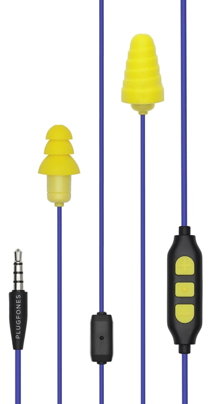 Plugfones Guardian Plus in-Ear Earplug Earbud Hybrid - Noise Reduction in-Ear Headphones with Noise Isolating Mic and Controls (Yellow & Blue)