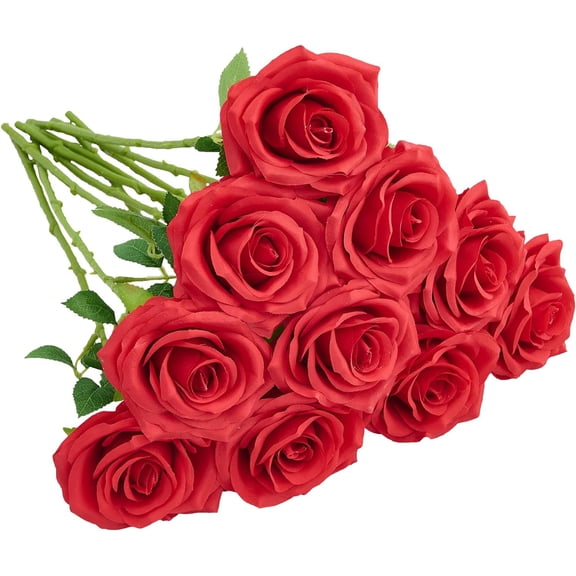 Plum Artificial Rose 10pcs Open Flower Bouquet Faux Rose Stems for Wedding Arrangement, Bridal Bouquet, Centerpiece, Fake Faux Silk Flowers
