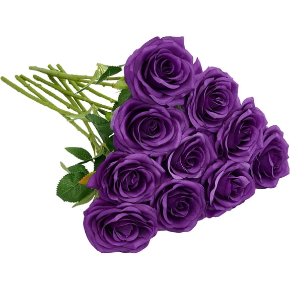 Plum Artificial Rose 10pcs Open Flower Bouquet Faux Rose Stems for Wedding Arrangement, Bridal Bouquet, Centerpiece, Fake Faux Silk Flowers