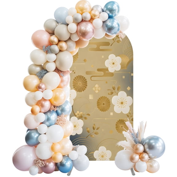 Plum Blossom Arch Backdrop Cover 4 FT Japandi Oriental White Floral Golden Cloud Wave Motif Stretchy Elastic Arch Stand Covers Spandex Arched Background Birthday Wedding Party Decoration (No Stand)