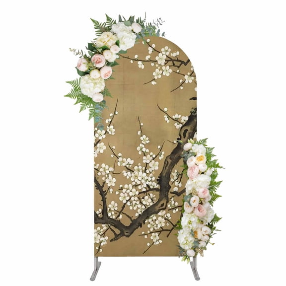 Plum Blossom Arch Backdrop Cover 6.6FT, Vintage Zen Flower Tree Branch Brown Floral Spandex Fitted Stretchy Arch Stand Covers, Round Top Chiara Backdrop Cover for Wedding Party Birthday Baby Shower