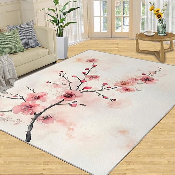 Plum Blossom Area Rug, Watercolor Plum Blossom Rug, Floral Rugs for Living Room, Indoor Non-Slip Rugs, Machine Washable Carpet for Front Entrance Floor Decor 2 x 3ft
